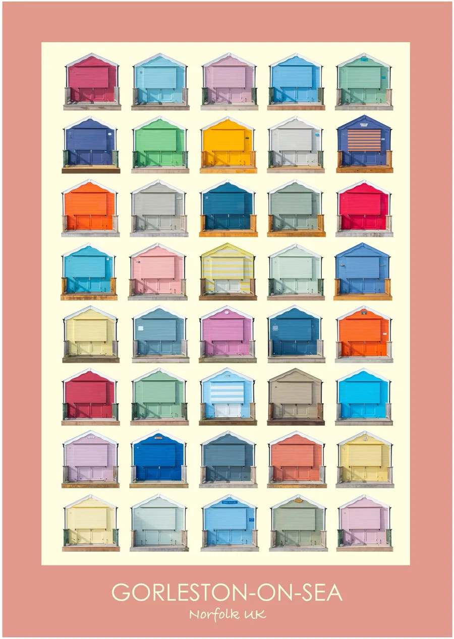 The Gorleston-on-Sea beach hut typology inside a soft coral pink border