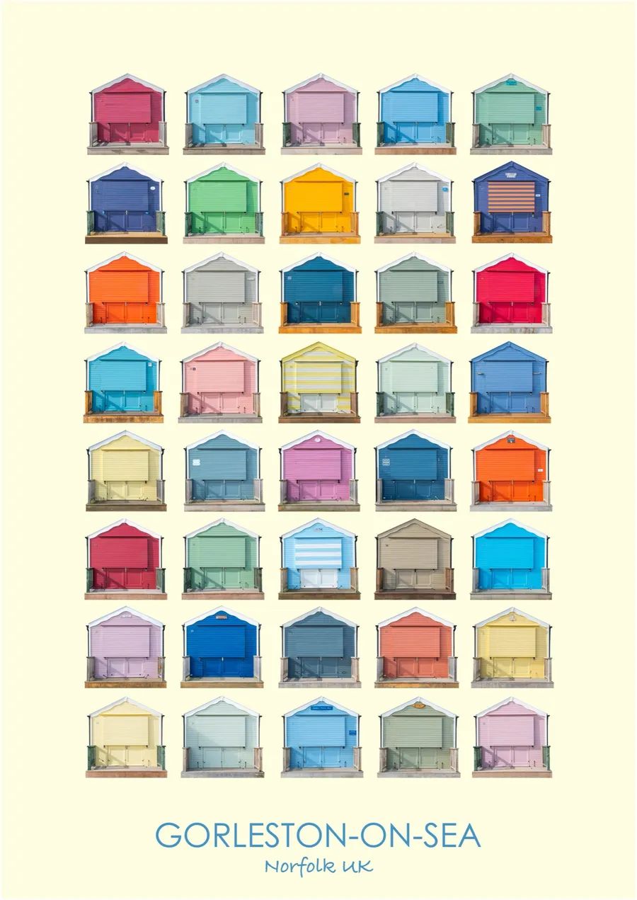 Forty Gorleston-on-Sea beach huts in eight rows of five on a cream ground, titled Gorleston-on-Sea, Norfolk UK