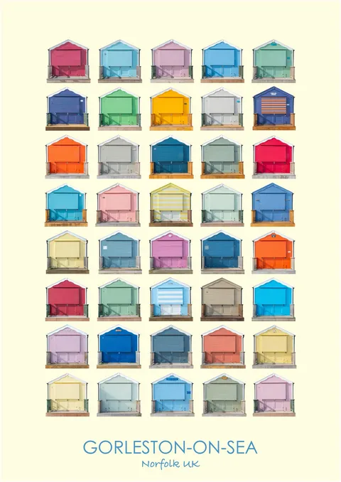 Forty Gorleston-on-Sea beach huts in eight rows of five on a cream ground, titled Gorleston-on-Sea, Norfolk UK