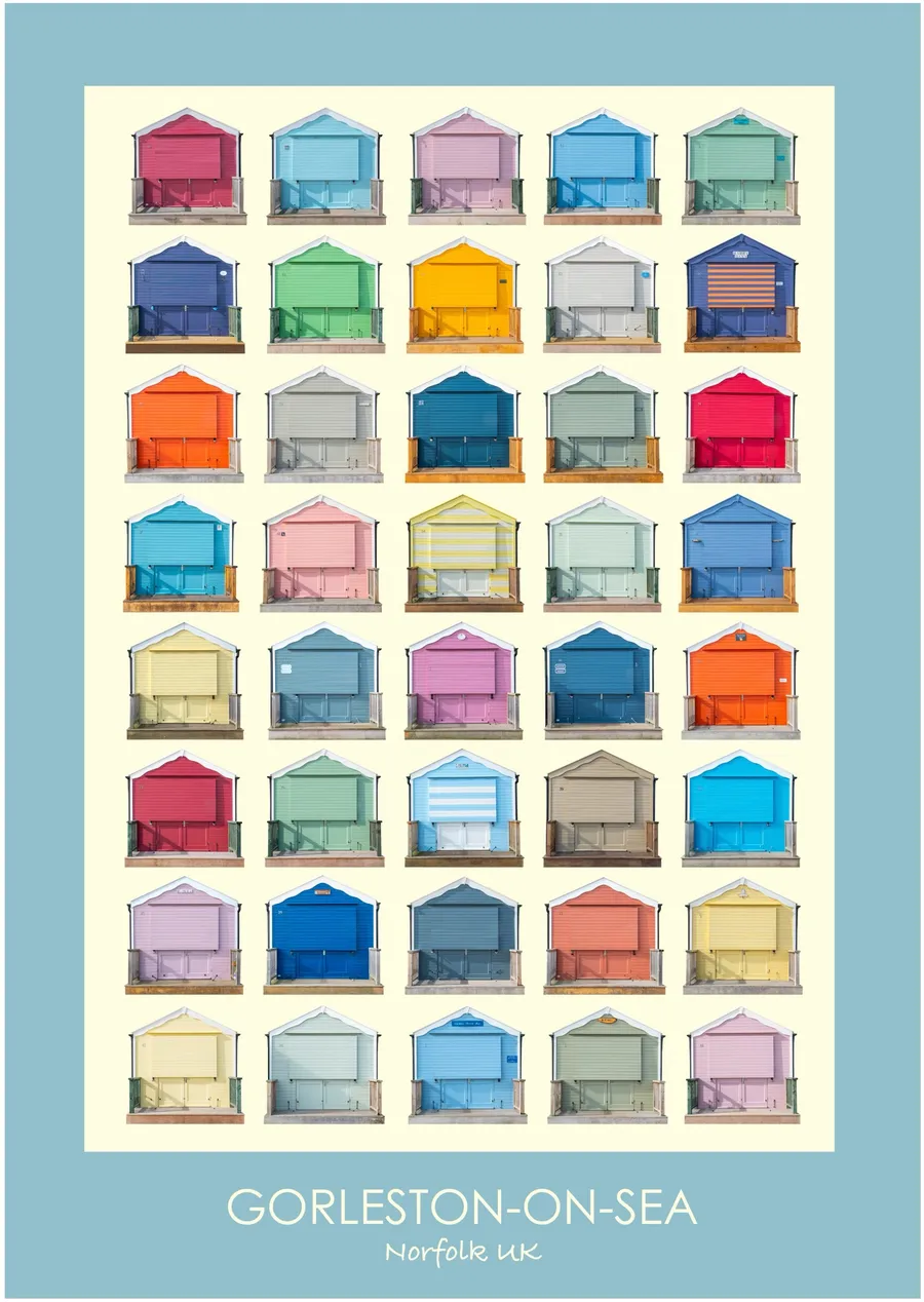 The Gorleston-on-Sea beach hut typology inside a pale sky blue border