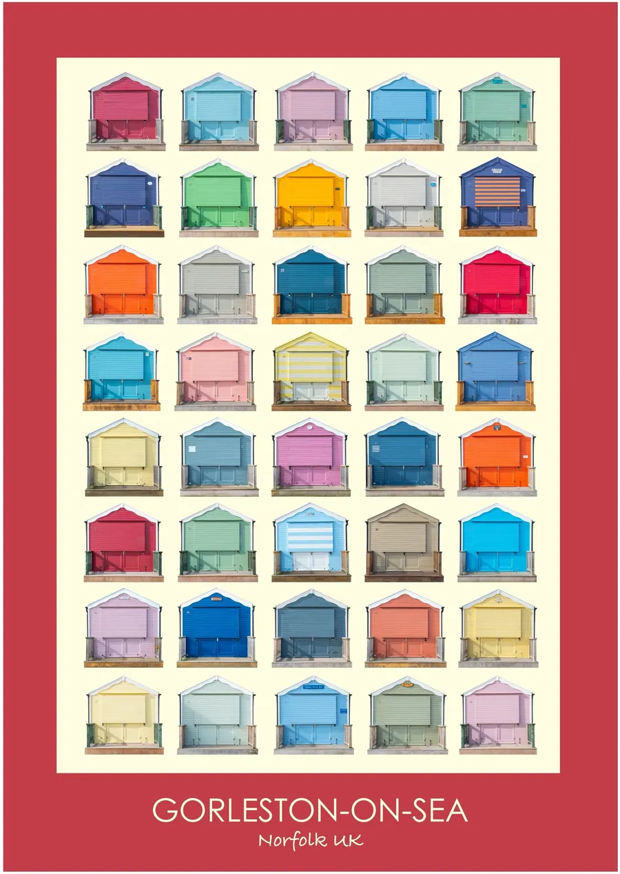 The Gorleston-on-Sea beach hut typology inside a deep spade red border