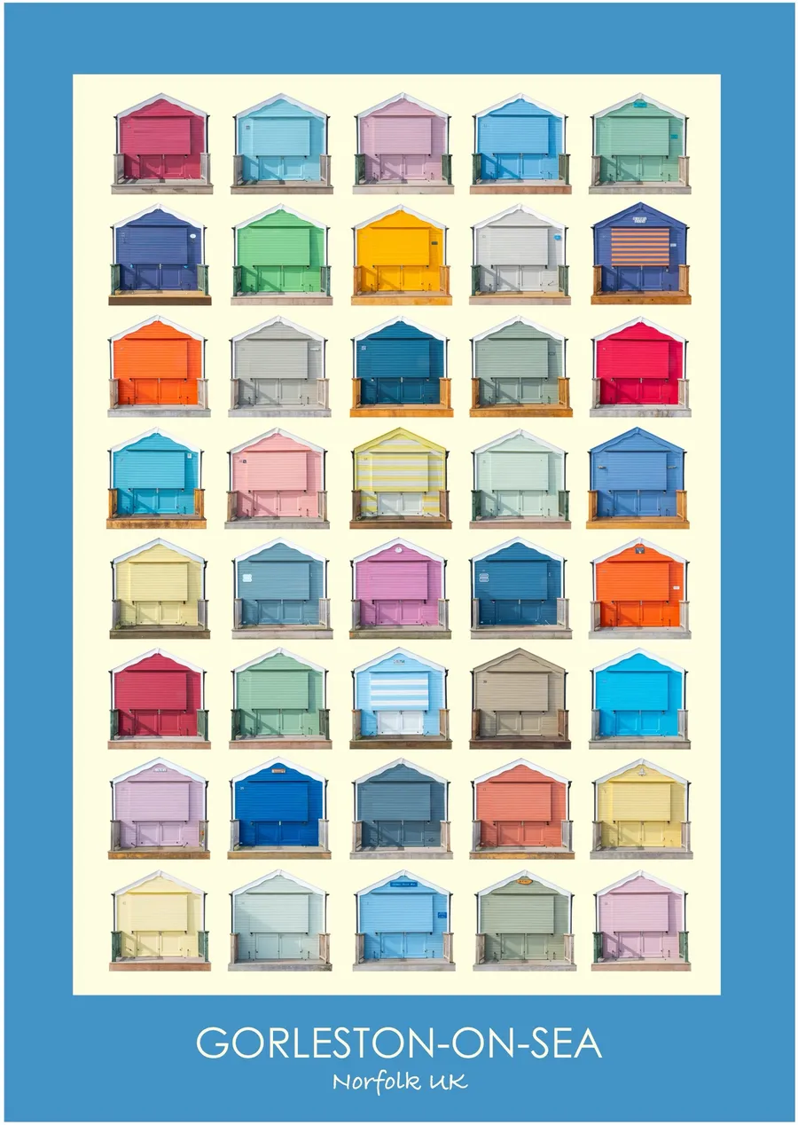 The Gorleston-on-Sea beach hut typology inside a cornflower blue border