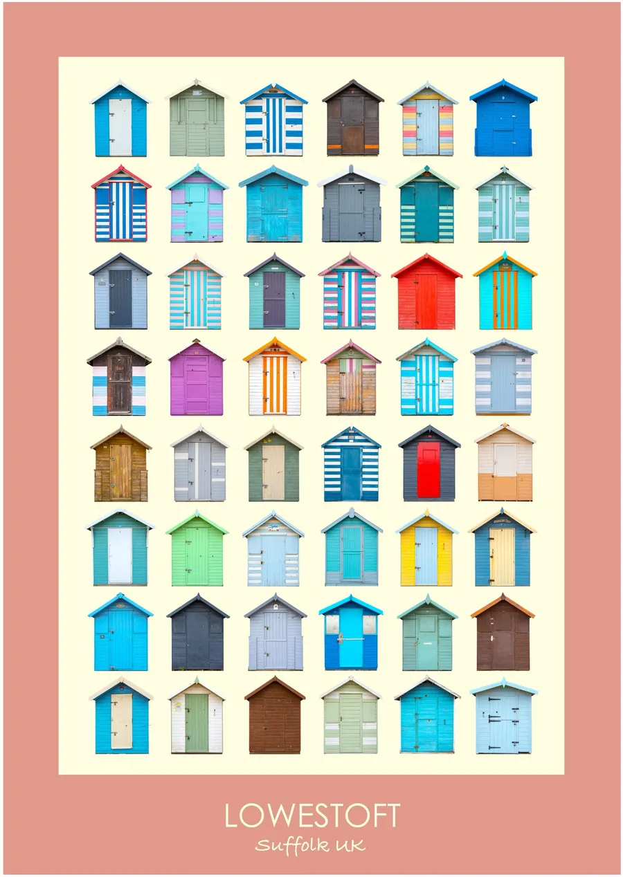 The Lowestoft beach hut typology inside a soft coral pink border