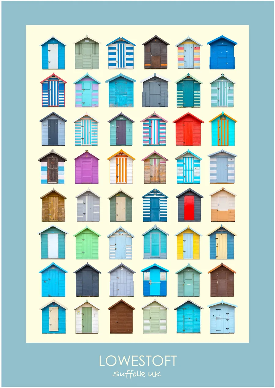 The Lowestoft beach hut typology inside a pale sky blue border