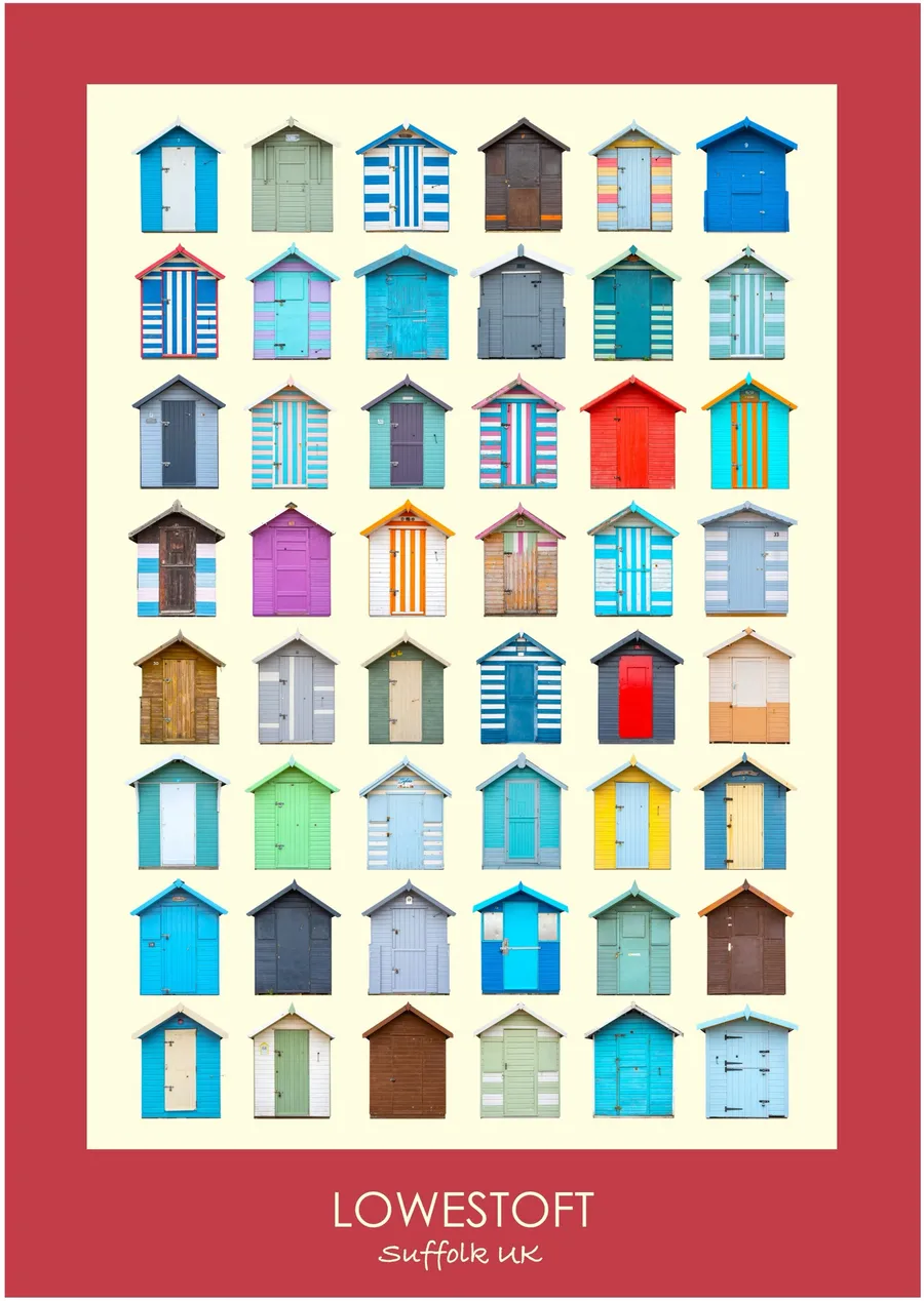 The Lowestoft beach hut typology inside a deep spade red border