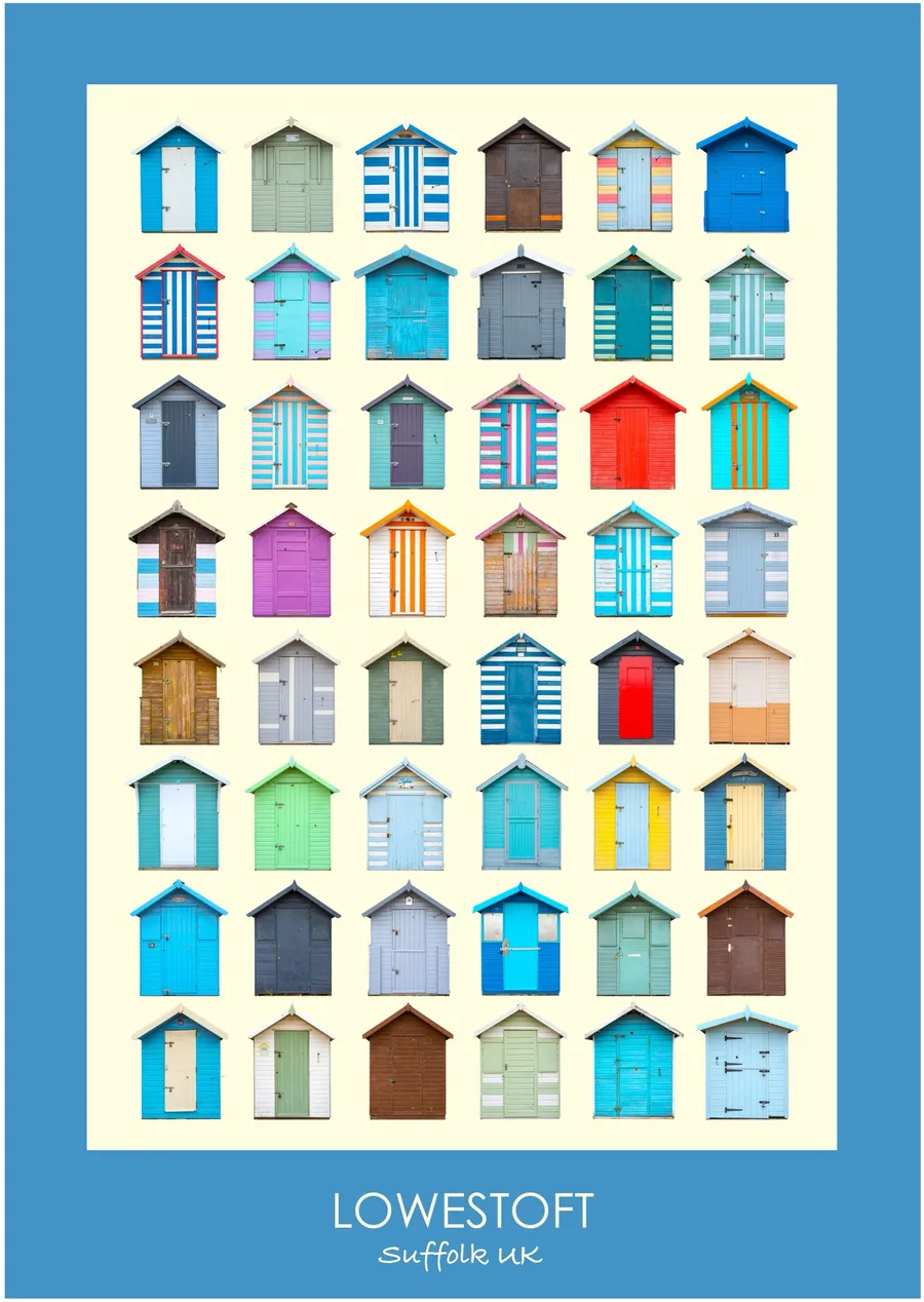 The Lowestoft beach hut typology inside a cornflower blue border