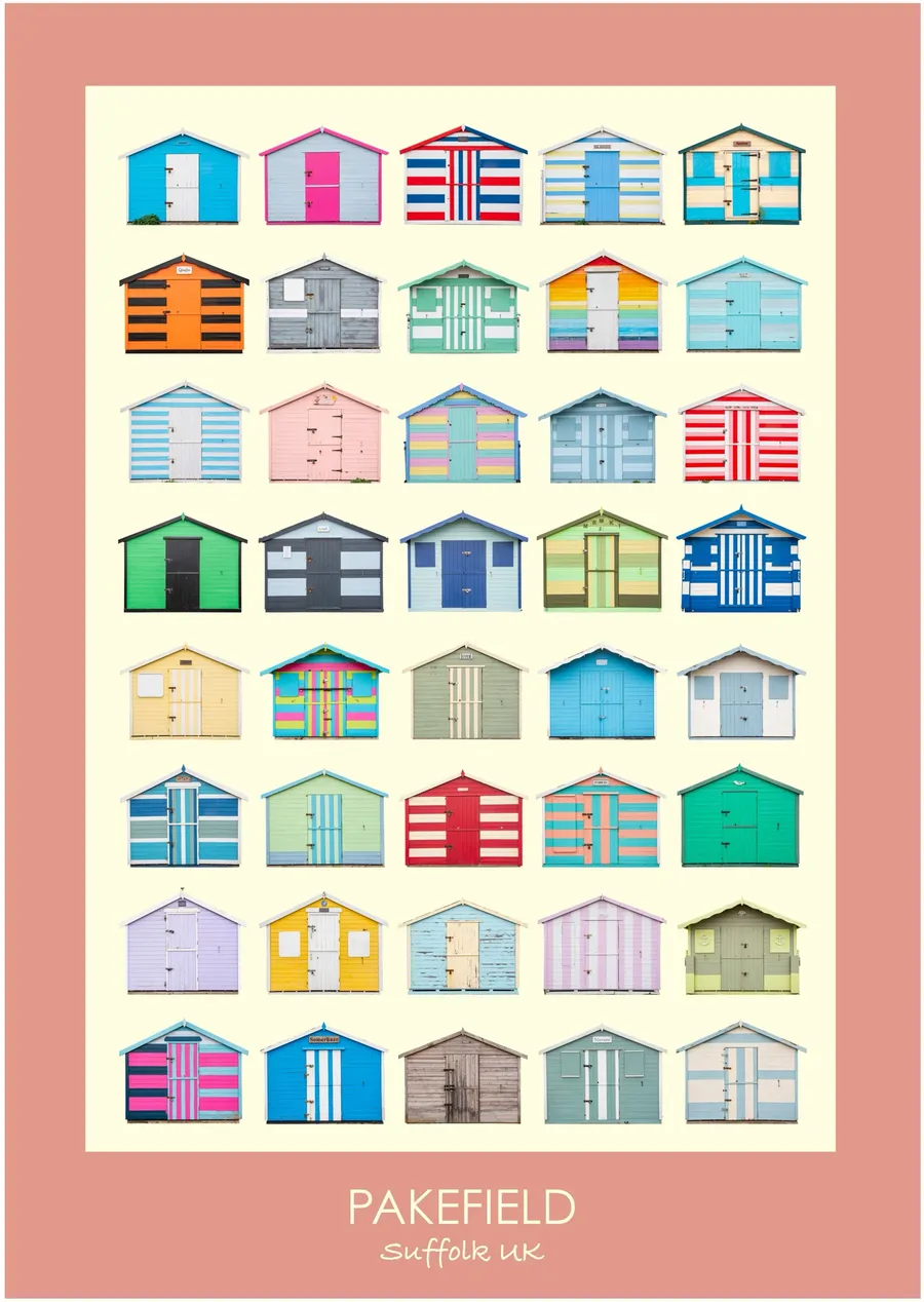 The Pakefield beach hut typology inside a soft coral pink border