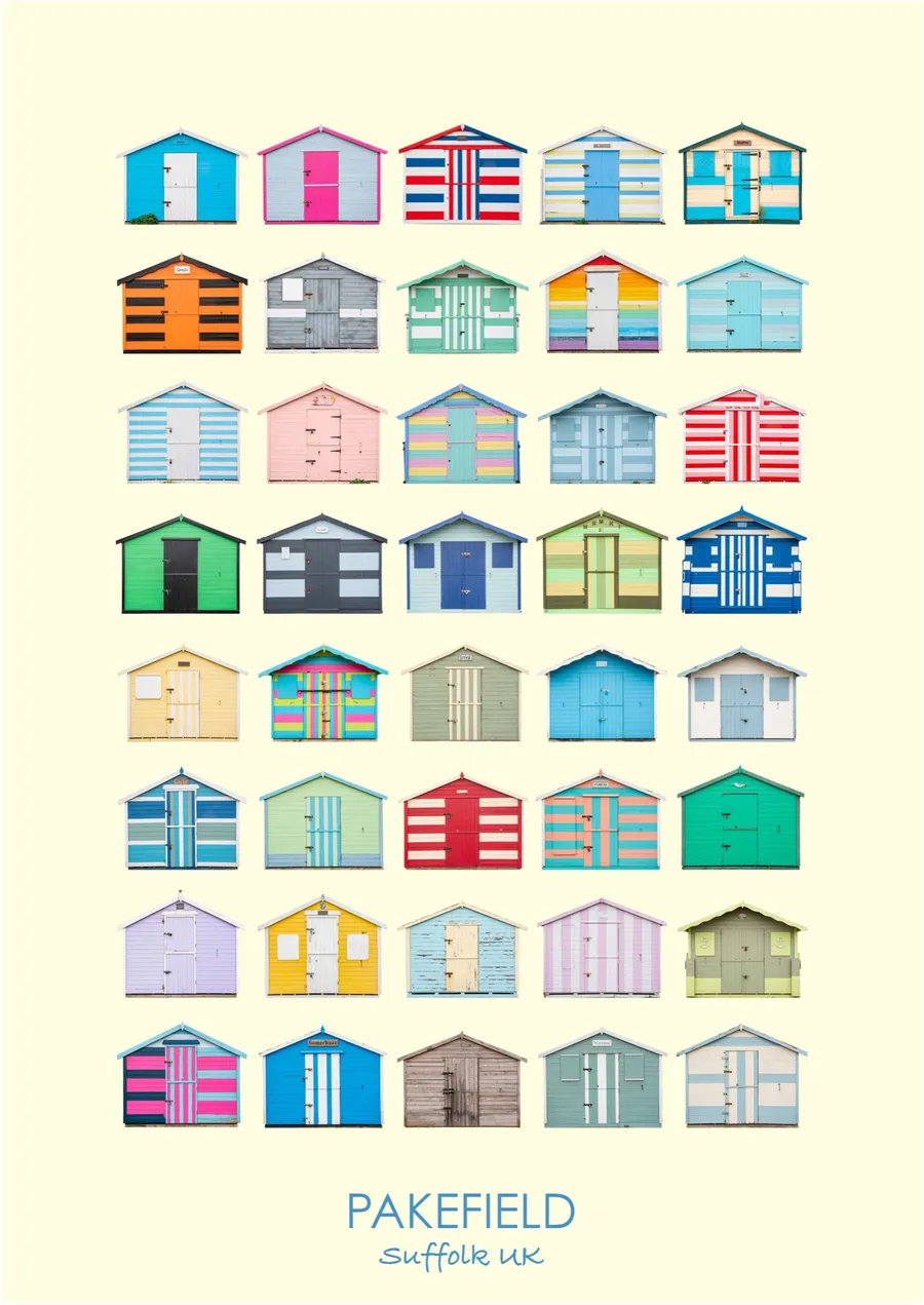 Forty Pakefield beach huts in eight rows of five on a cream ground, titled Pakefield, Suffolk UK