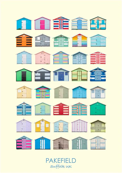 Forty Pakefield beach huts in eight rows of five on a cream ground, titled Pakefield, Suffolk UK