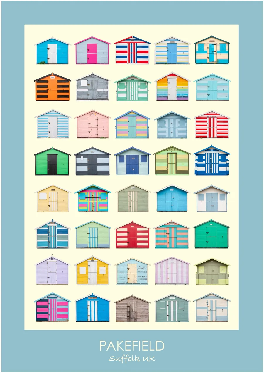The Pakefield beach hut typology inside a pale sky blue border
