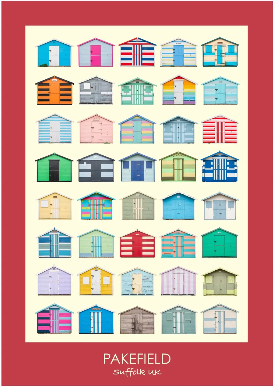 The Pakefield beach hut typology inside a deep spade red border