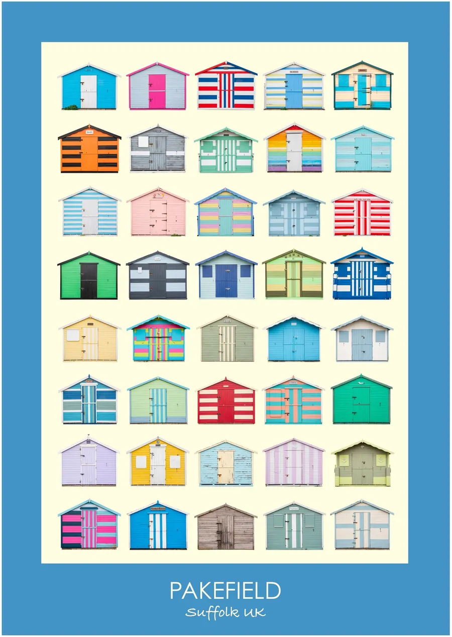 The Pakefield beach hut typology inside a cornflower blue border