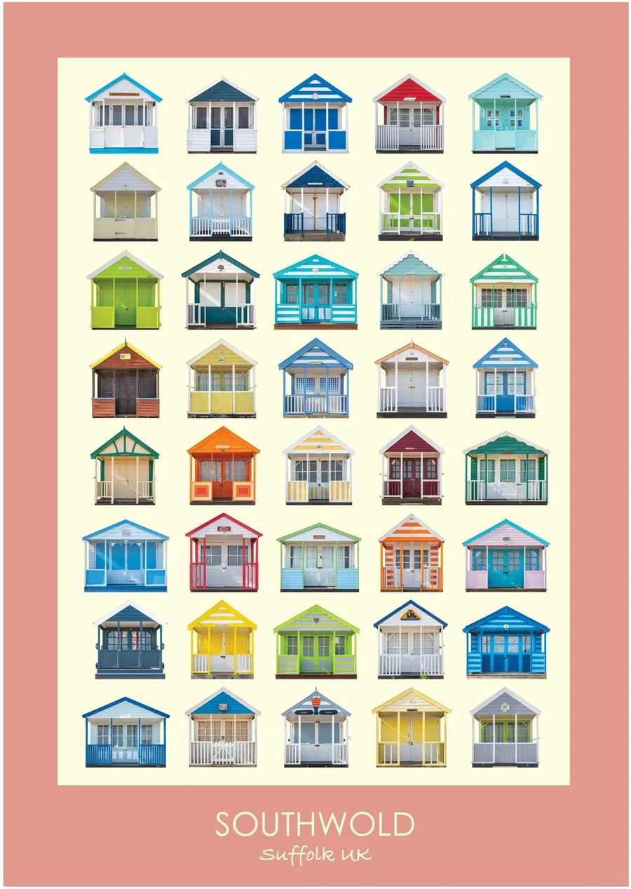 The Southwold beach hut typology inside a soft coral pink border