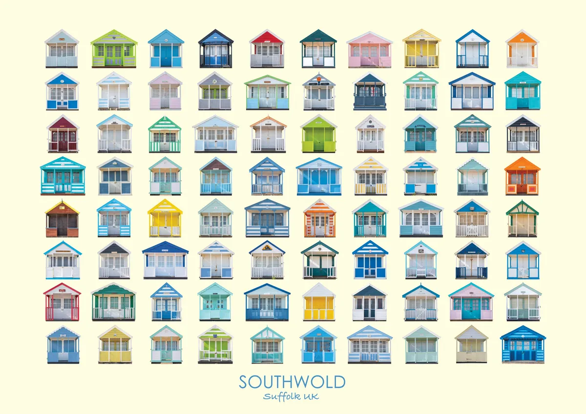 Eighty Southwold beach huts in eight rows of ten on a cream ground, landscape, titled Southwold, Suffolk UK