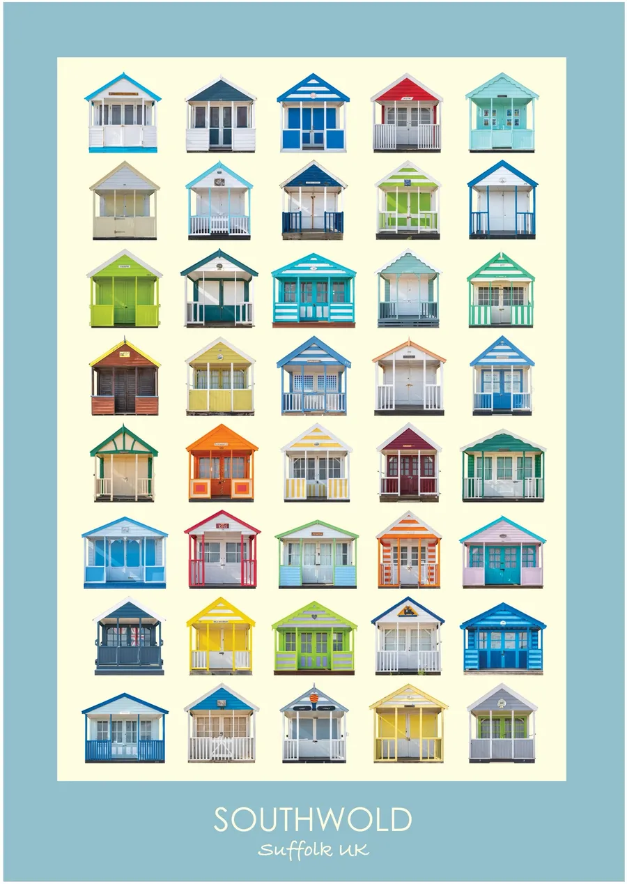 The Southwold beach hut typology inside a pale sky blue border