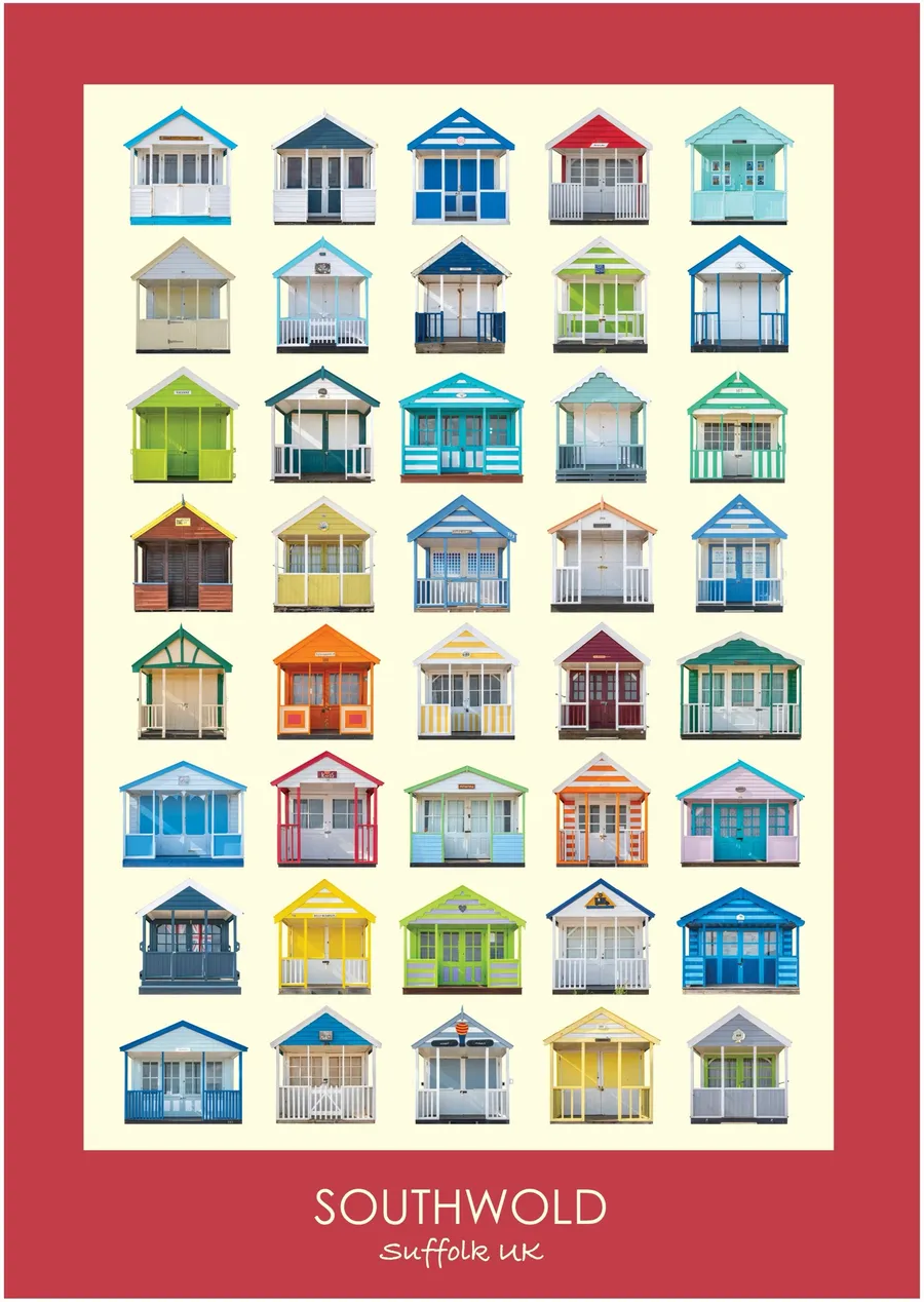 The Southwold beach hut typology inside a deep spade red border