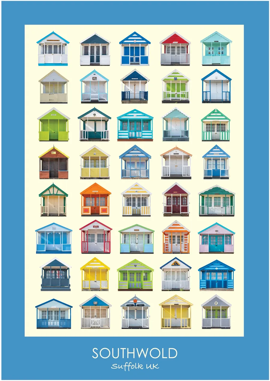 The Southwold beach hut typology inside a cornflower blue border